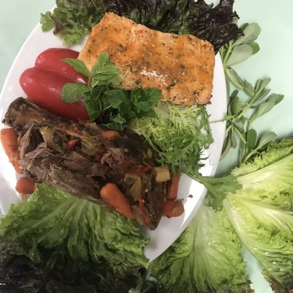 A Mediterranean dish with salmon, braised meat, red peppers, and fresh greens on a white plate.