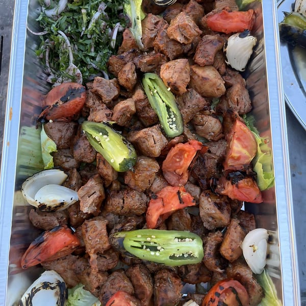 Grilled Mediterranean meat with charred tomatoes, onions, and green peppers in a metal tray.